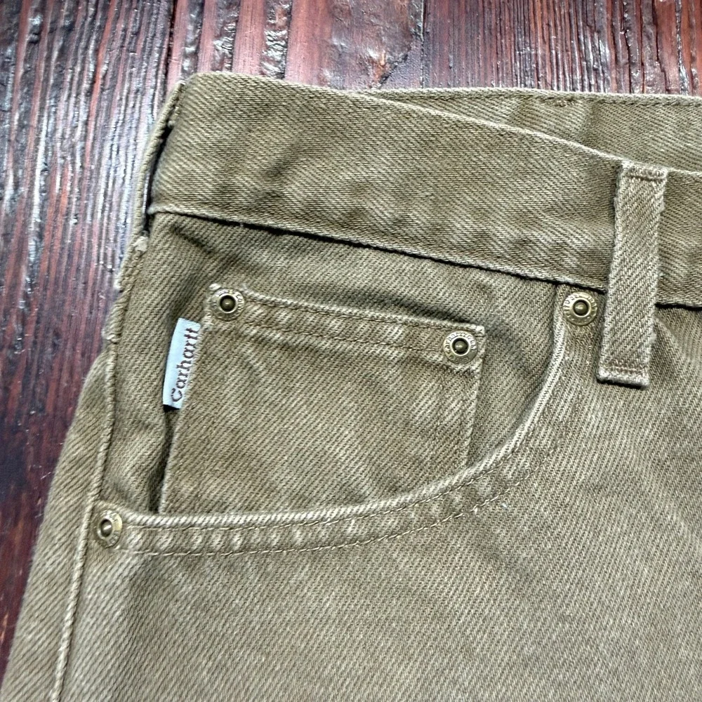 Vintage Carhartt Jeans Mens 42x30 Green Straight Leather Patch 90s‎ B161 BRK